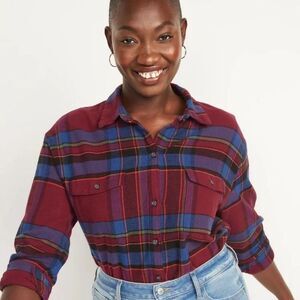 Old Navy Maroon and Blue Boyfriend Flannel Sz Small Petite NWT